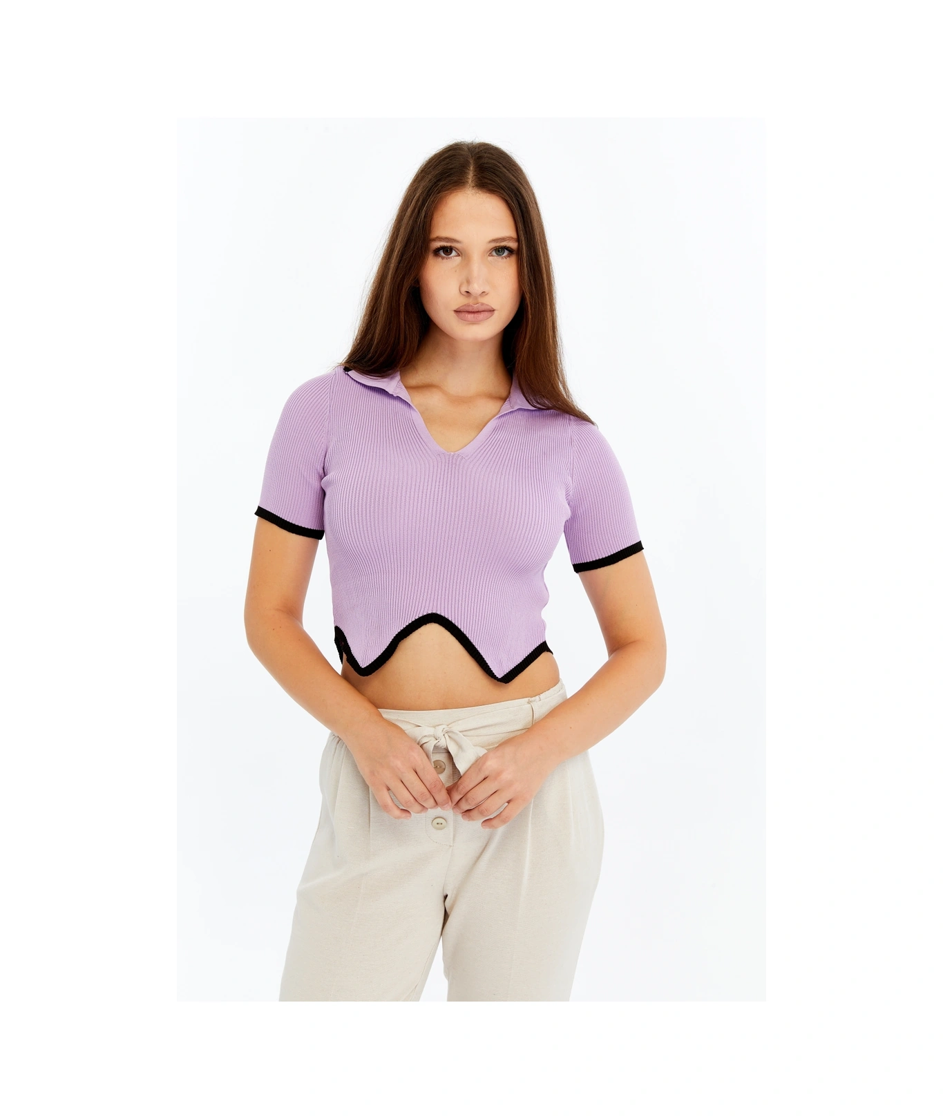 Kadın Polo Yaka V Yaka Triko Crop Bluz Asimetrik Kesim Kısa Kollu Mor