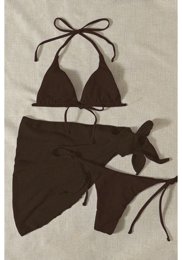 Angelsin Pareolu Bağlamalı 3'lü Bikini Takım Set Çıkartılabilir Kaplı Siyah