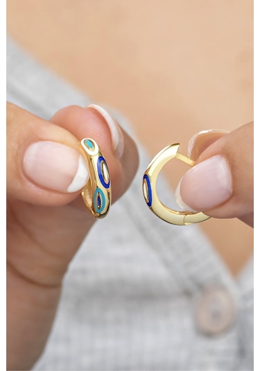 Nereze 925 Ayar Gümüş Gold 15 MM Lazer Mineli Halka Küpe