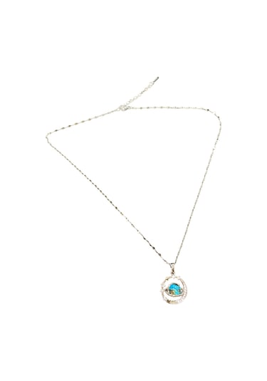 Gümüş Renk Parlak Ve Şık 316l Çelik Vıp Mavi Taşlı Gezegen Model Kadın Kolye - Göz Alıcı Şık Tasarım Altın