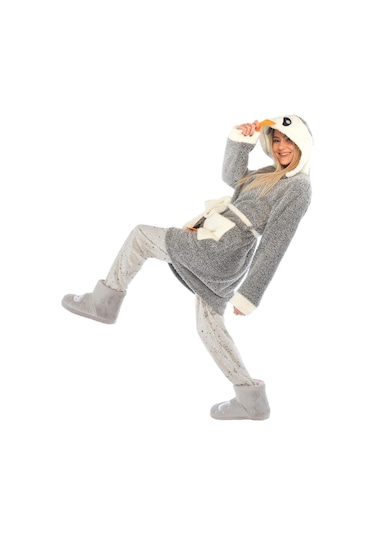 Zeynep Tekstil Penguen Nakışlı Kapşonlu Wellsoft Bornoz 153-99-1078 Gri