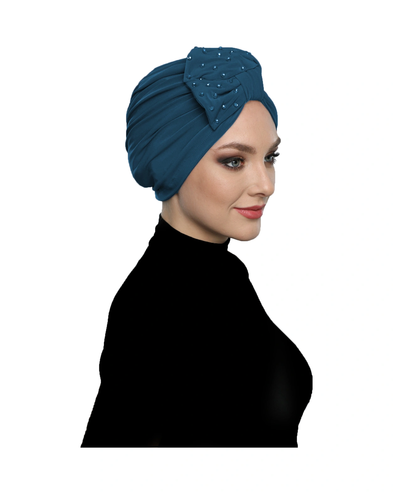 Kristal Yelpaze Taş Işlemeli Çift Taraflı Astarlı Petrol Hazır Türban Tesettür Abiye Bone Petrol