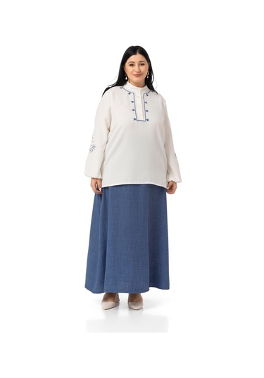 Büyük Beden Nakış Detaylı Bluz Etek İndigo İkili Takım İndigo