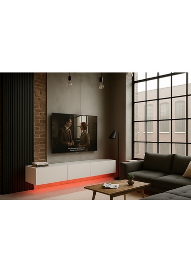 Mac Dizayn Knidos Tv Ünitesi 240 Cm 3 Kapaklı, Mat Beyaz, Led Aydınlatmalı Mat Beyaz