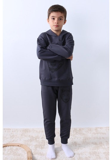 Erkek Çocuk Kapşonlu Eşofman Takımı Kurt Baskılı F10 Füme