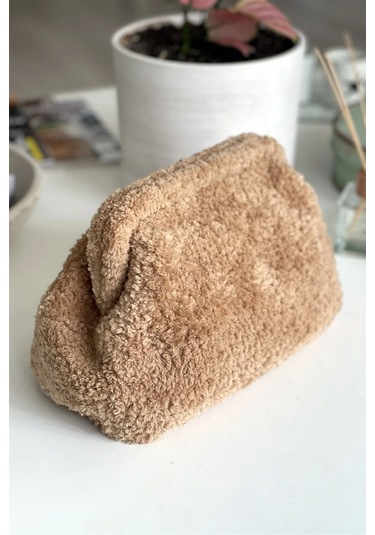 El Yapımı Taba Rengi Teddy Yün Örgü El Çantası Taba