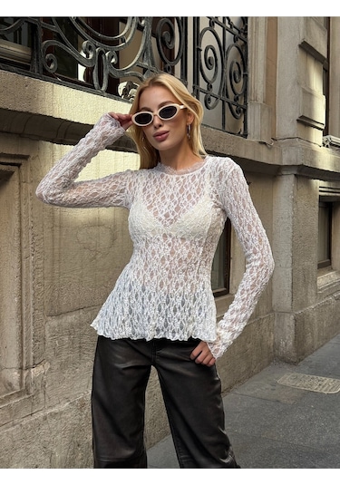 Kadın Bisiklet Yaka Full Esnek Dantel Bürümcük Spor Şık Tasarım Asimetrik Kesim Gece Bluzu Beyaz