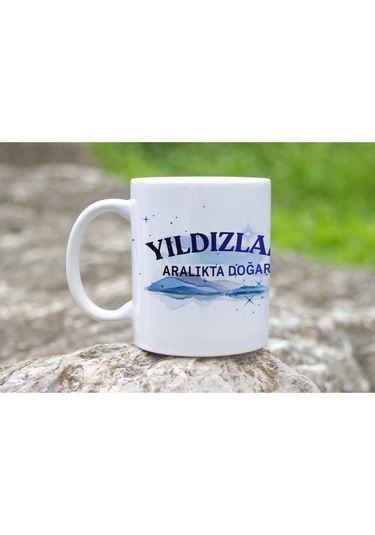 Yıldızlar Aralıkta Doğar Yazılı Doğum Günü Kupa Bardak Mavi Işıltılı Gökyüzü Tasarım Hediye Beyaz