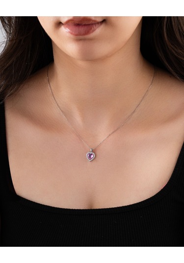 925 Ayar Pembe Taşlı Rodyum Pırlanta Görünümlü Kalp Gümüş Kolye Rn10308 Gümüş