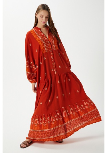 Modest Kadın Andrea Turuncu %100 Viskon Maksi Boy Yazlık Elbise Turuncuekrubej Çok Renkli