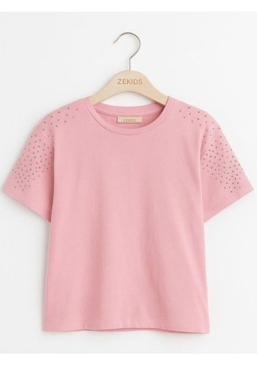 Kız Çocuk Taş İşlemeli Pamuklu T-shirt-15981 Pembe