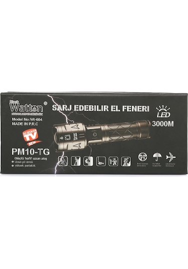 3000 Lümen Güçlü El Feneri Watton Wt 604 Siyah