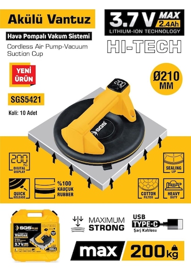 Sgs5421 - 200 Kg Akülü Vakumlu Seramik Ahşap Cam Taşıma Vantuzu 3.7 Volt 2.4 Amper