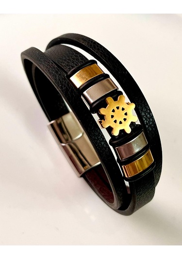 Deri Ve Çelik Mixli Dümen Figürlü 3 Lü Erkek Bileklik 21 Cm Altın - Siyah
