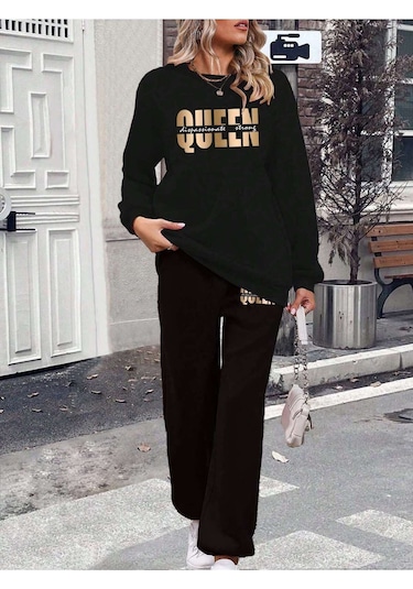 Si Yah Bi Si Klet Yaka Queen Baskili Eşofman Takimi Siyah-51126