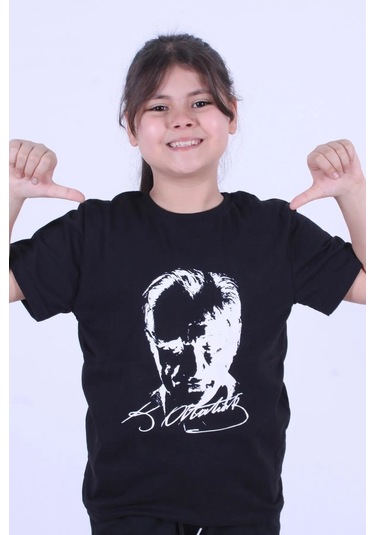 Atatürk Baskılı İmzalı Siyah Unisex Çocuk T-shırt-siyah Siyah
