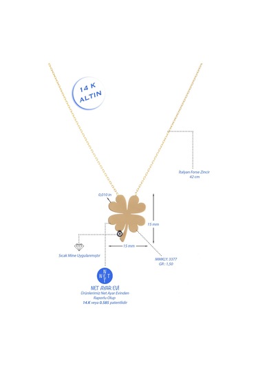 Moom Mücevherat Kadın Göz Boncuklu Yonca Kolye 14 Ayar Altın