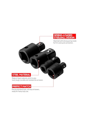 Geeksen 4 Parça Çelik Soket Adaptör Seti - 1/4", 3/8", 1/2" Çap Değiştirici, Otomotiv Tamiri Ve Ev Bakımı İçin Siyah