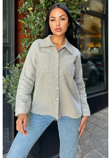 Gri Uzun Kol, Çift Cepli, Eteği Oval Kesim, Kaşe Gömlek Ceket Gri