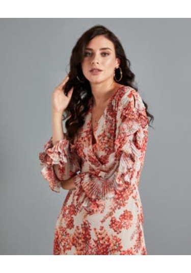 Çiçek Desenli Kadın Elbise - Katlı Etek Detaylı - Fırfırlı Kol - V Yaka - Modern Ve Şık Tasarım - Günlük Ve Özel Gün İçin Elbise Bej