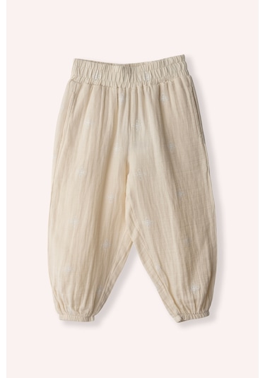 Panço Kız Çocuk Baskılı Müslin Pantolon Bej