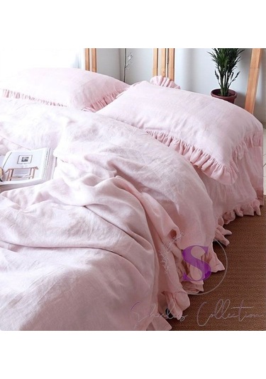 % 100 Pamuk Pembe Fırfırlı Keten Çift Kişilik Nevresim Takımı 200 X220 Pembe