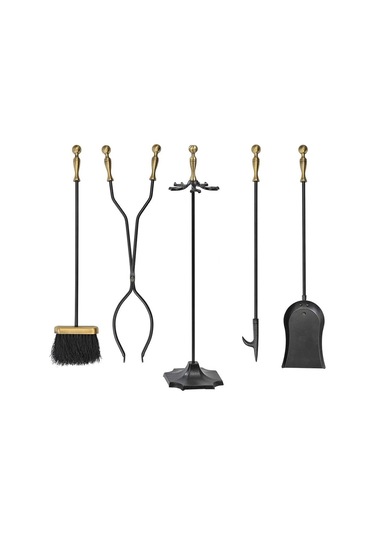 5 Li Lüx Ithal Döküm Gold Prinç Topuz Başlıklı Şömine - Soba Maşa Takımı Aksesuar Seti