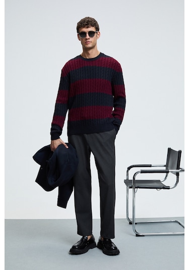 BRAID Erkek Yuvarlak Yaka Saç Örgü Desenli Regular Fit Bordo - Lacivert Kazak