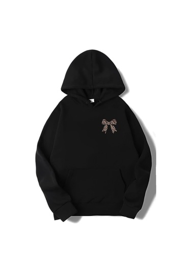 Brz Collection Unisex Oversize Leopar Kurdele Desenli Hoodie Siyah