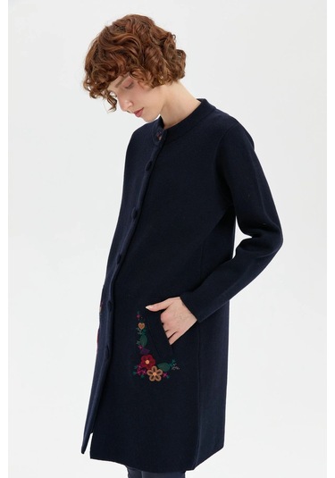 Desen Triko Kadın Dik Yaka Cebi İşlemeli Uzun Yün Kaban 24012 Koyu Lacivert Koyu Lacivert