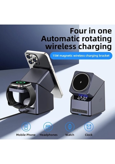 Topshop1 Gri 4ü 1 Arada Otomatik Donen Kablosuz Sarj Istasyonu Led Ekranli Masaustu Alarm Saati İphone 16 15 14 13 12 Serisi İwatch Uyumlu