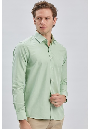 Erkek Uzun Kollu Bez Ayağı Sert Yaka Cepsiz Klasik Slim Fit Dar Kesim Gömlek 1004240230-açık Yeşil
