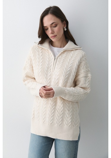 Krem Saç Örgülü Fermuarlı Kazak - 251066 Krem