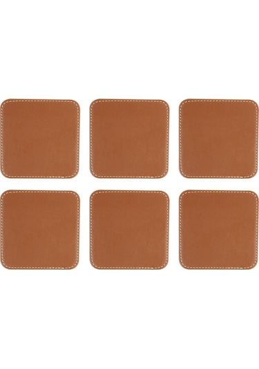 Bardak Altlığı,6 Lı Set,masaüstü Kare Cup Coaster,vegan Suni Deri,11x11 Cm.,taba