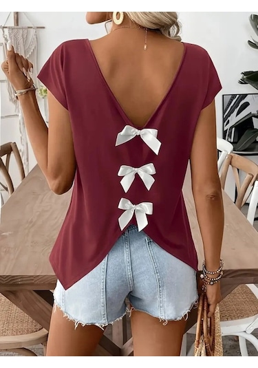 Gülsüm Aydın Kadın Kısa Kollu V Yakalı Arkadan Kurdele Detaylı Viskon Bluz Bordo