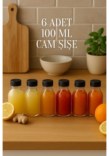 6 Adet 100 Ml Kilitli Siyah Kapaklı Şeffaf Detox Shot Şişesi 100 Cc Ginger Şat Beyaz Cam Şişe Şeffaf