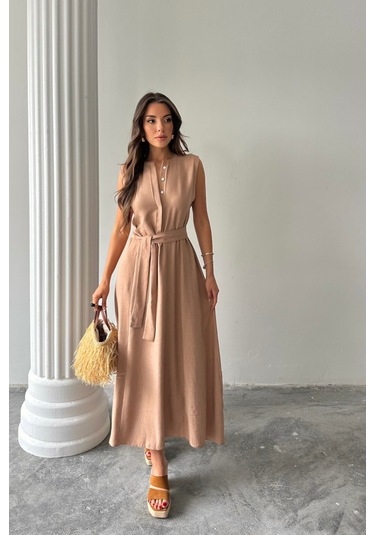 Keten Elbise Kolsuz Bel Bağlamalı Maxi Elbise - Kahverengi Çok renkli