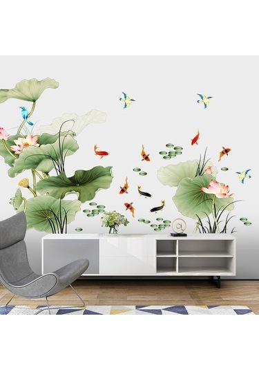 2 Adet/takım Duvar Sticker Çin Tarzı Su Geçirmez Kendinden Yapışkanlı Lotus Sazan Uçan Kuşlar Arka Plan Etiket Yatak Odası Dekoru Diğer