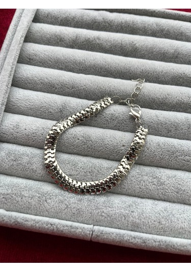 Silver Yassı Tırtıl Birbirine Geçmeli Model Erkek Künye Bileklik Gümüş
