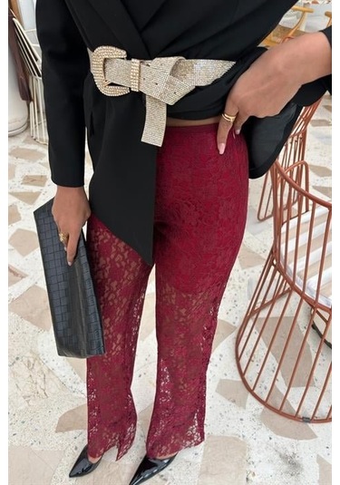 Modasize İçi Astarlı Dantel Pantolon 0081 Bordo