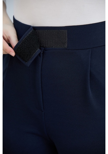 Kadın Gri Cırt Cırtlı Kapama Rahat Palazzo Likralı Esnek Beli Lastikli Pantolon Yüksek Bel Lacivert