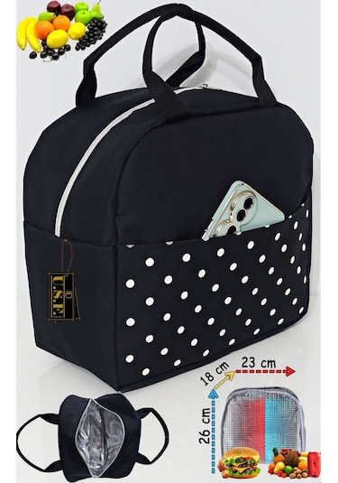 Anne Bebek Çocuk İçin Isı Yalıtımlı Termal Termoslu Yemek, Mama, Beslenme, Gıda Çantası Siyah Puantiye