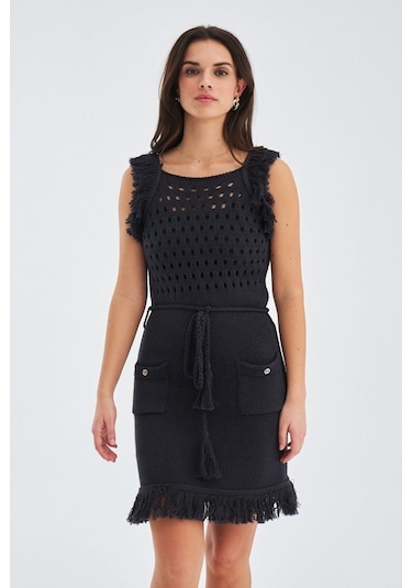 Peraluna Mıyokı Dress %100 Pamuk Diz Hizası Yazlık Kadın Triko El Antrasit