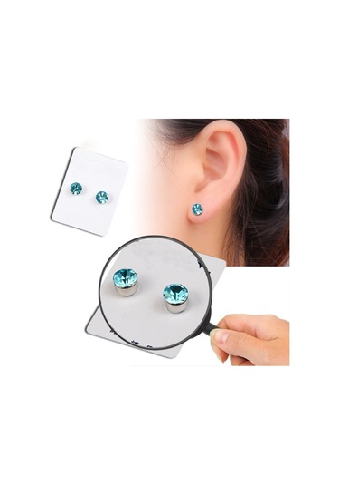Vkemall Sağlıklı Manyetik Küpe - Çek Rhinestone Detaylı Kulak Mıknatısı 6mm Göl Mavisi