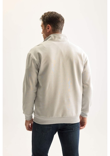 DeFacto Gri 3 İplik Pamuklu Şardonlu İçi Polarlı Comfort Regular Fit Rahat Kalıp Dik Yaka Fermuarlı Kalın Sweatshirt D9067AXNSGR253
