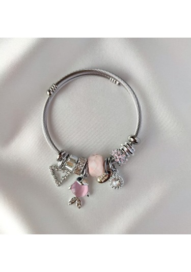 Artepieza Gümüş Renk Charmlı Balıklı Pembe Çelik Bileklik-temalı Charm'lı Hazır Set Bileklik Gümüş