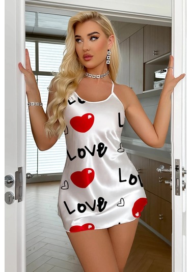 Hello Papana Hello Papana Love Desenli Beyaz Saten Gecelik Çok Renkli