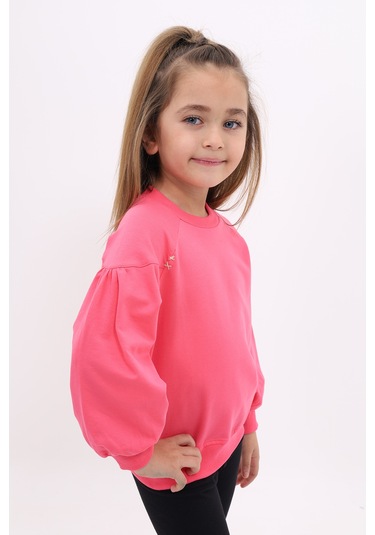 Toontoy Kız Çocuk Relax Fit Bisiklet Yaka Büzgülü Reglan Kol Sweatshirt - 2 İplik Fuşya