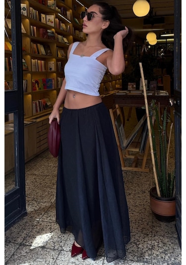 Madmext Antrasit Vintage Şifon Maxi Etek Mg2776