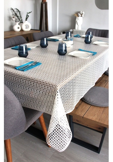 Pvc Şeffaf Kaplama Silinebilir Masa Örtüsü Örgü Hasır Krem